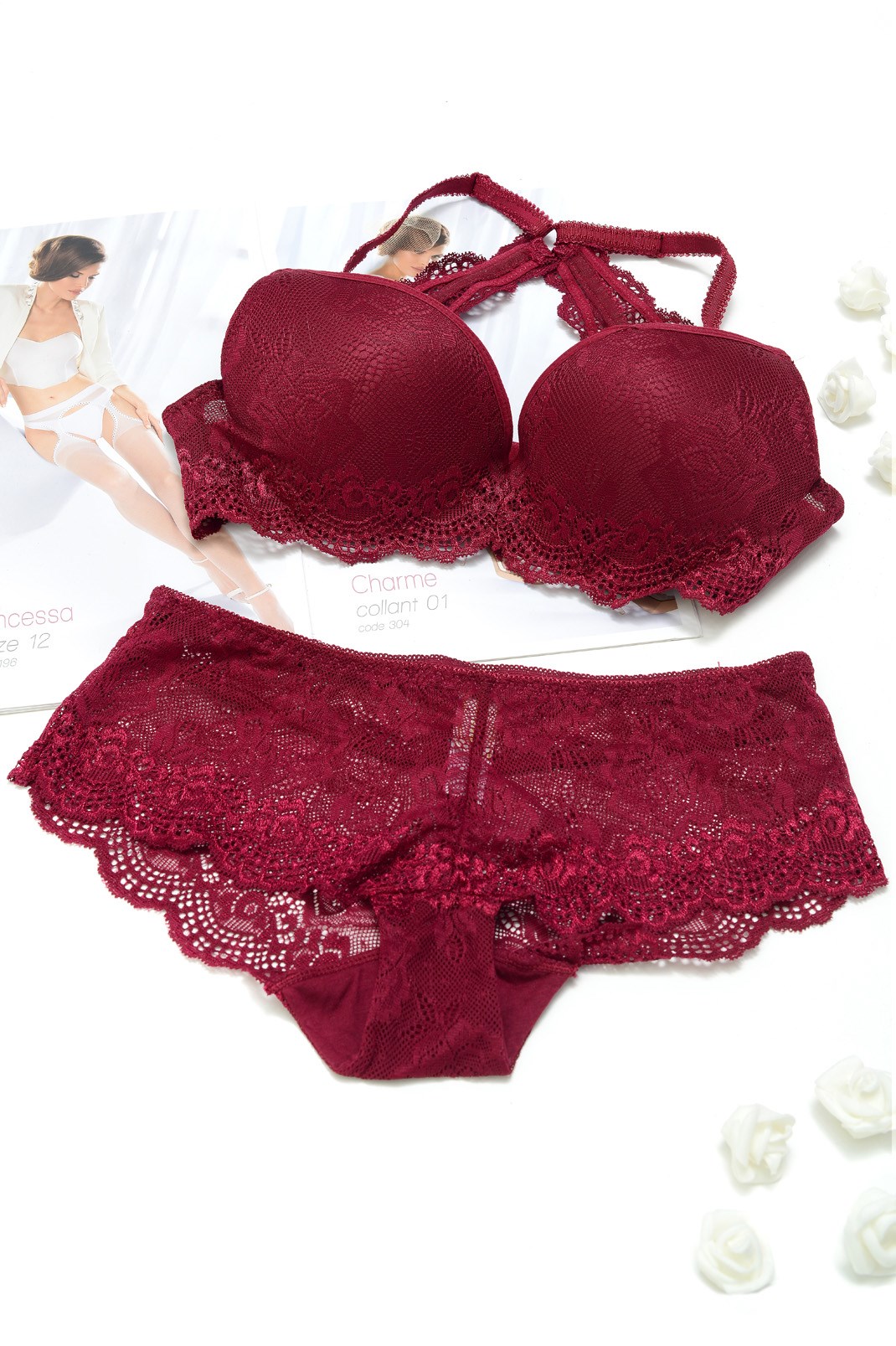 Бордовый кружевной комплект с пуш-ап эффектом 34817 xp-2906 Бордовый кружевной комплект с пуш-ап эффектом 34817 xp-2906